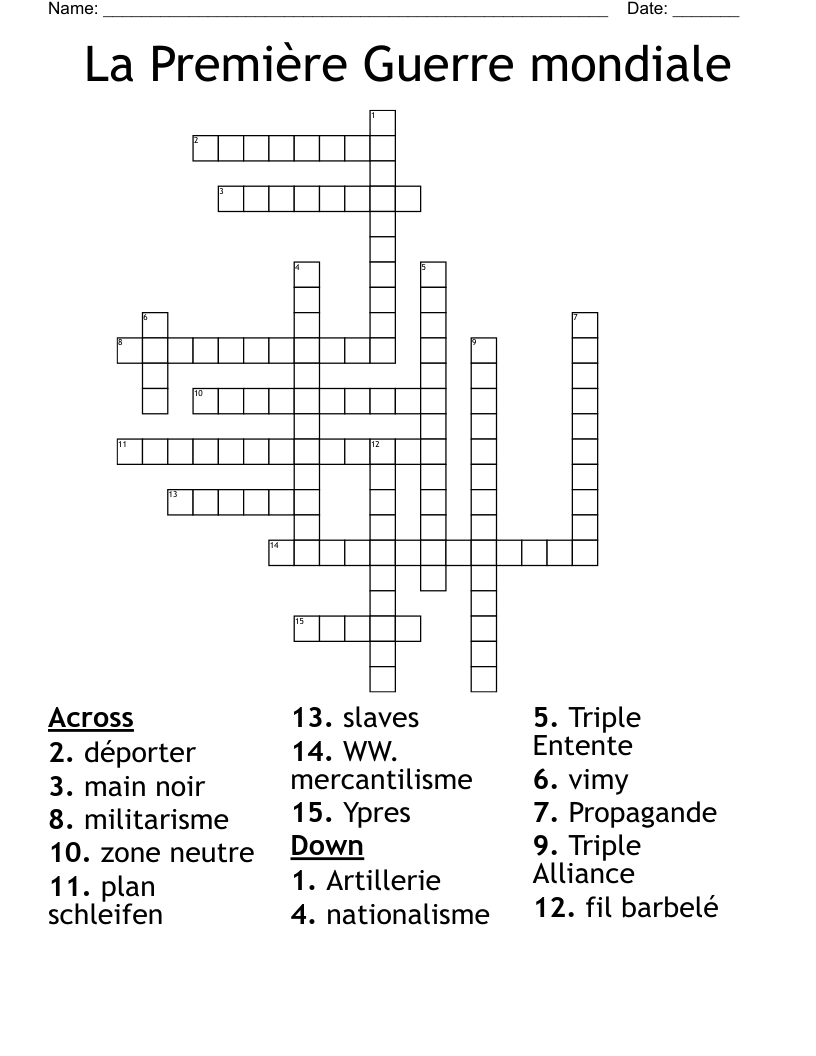 La Première Guerre mondiale Crossword