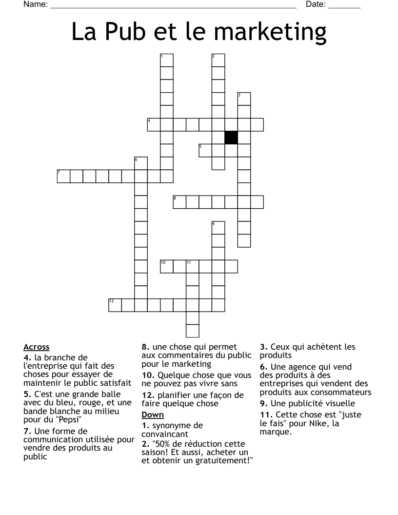 La Pub et le marketing Crossword