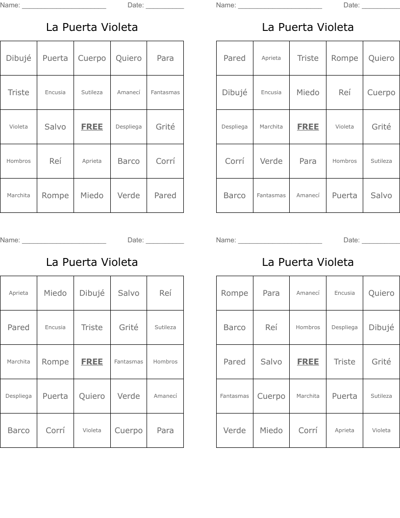 La Puerta Violeta Bingo Cards