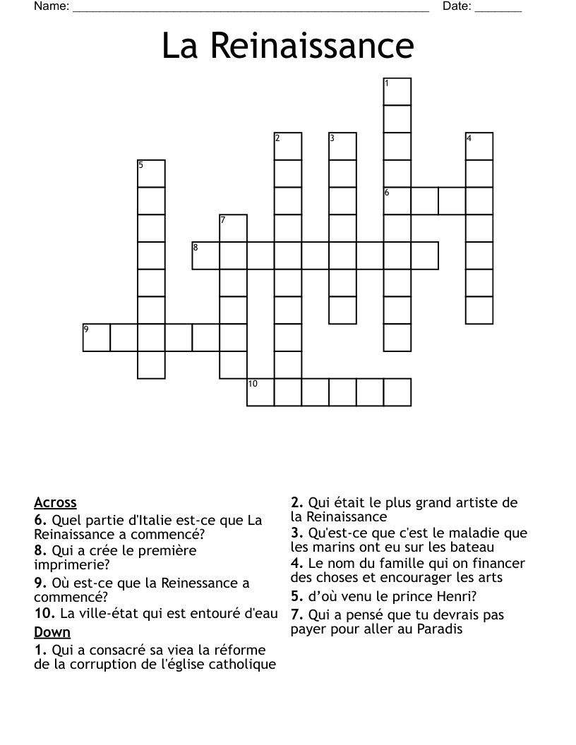 La Reinaissance Crossword