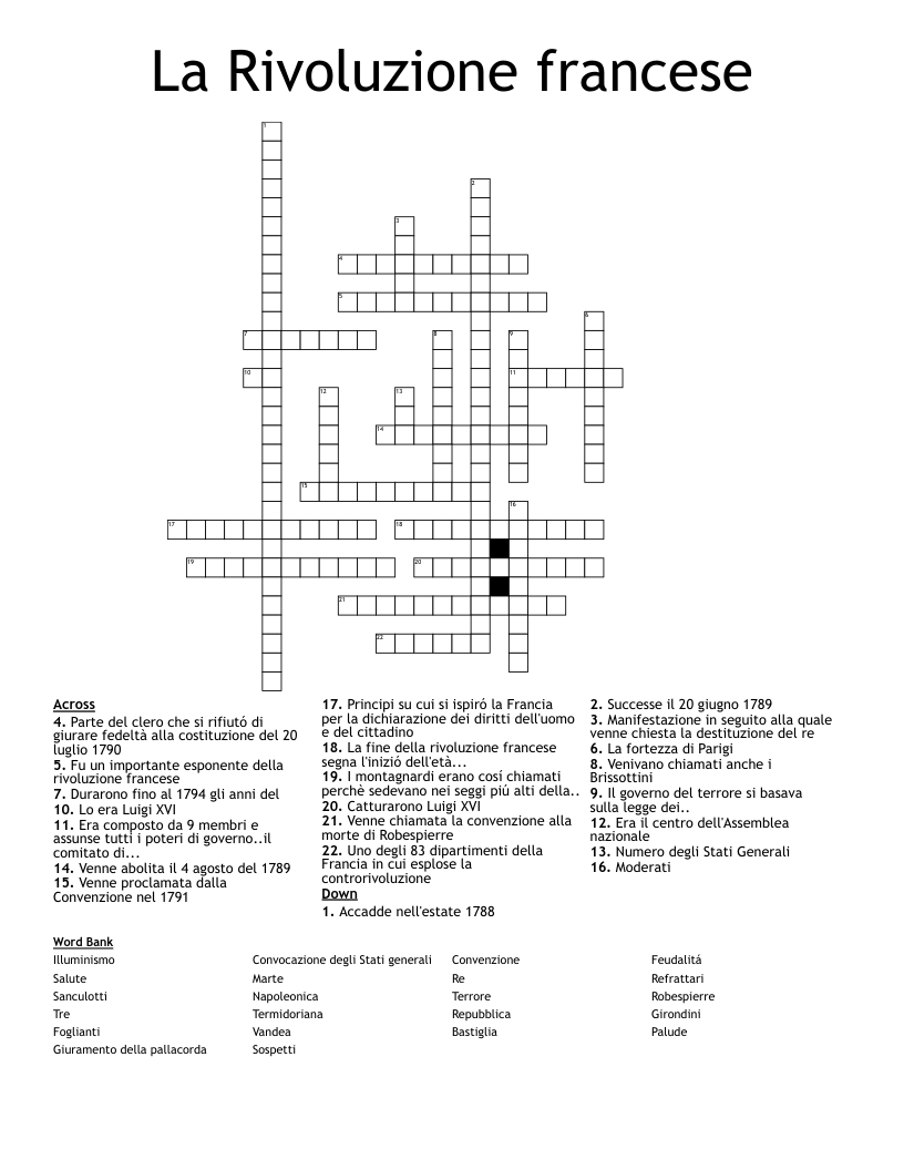 La Rivoluzione francese Crossword
