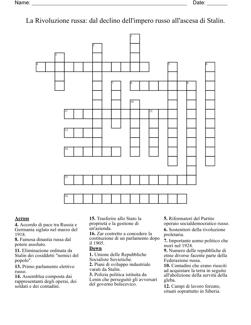 La Rivoluzione russa: dal declino dell'impero russo all'ascesa di Stalin. Crossword