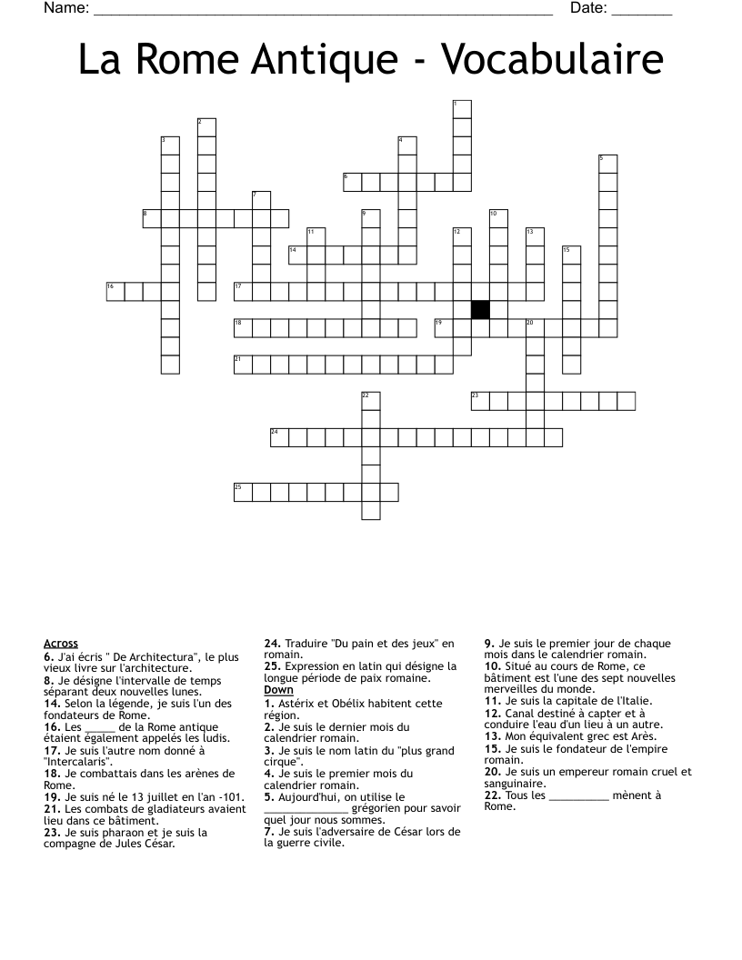 La Rome Antique - Vocabulaire Crossword
