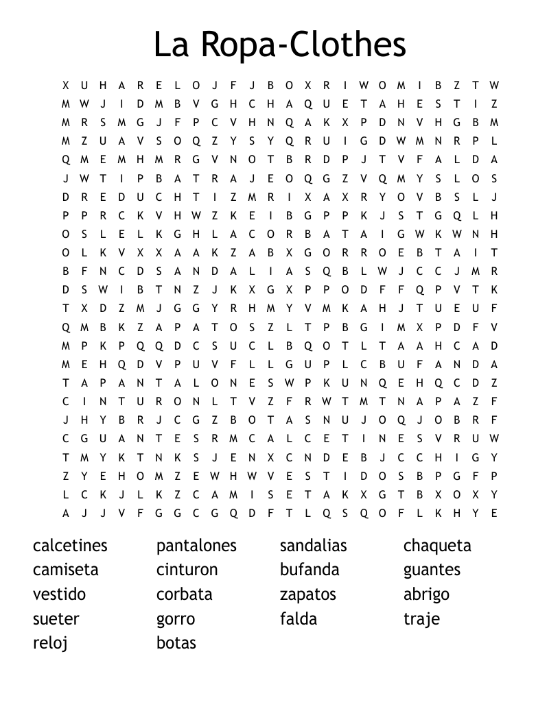 La Ropa-Clothes Word Search