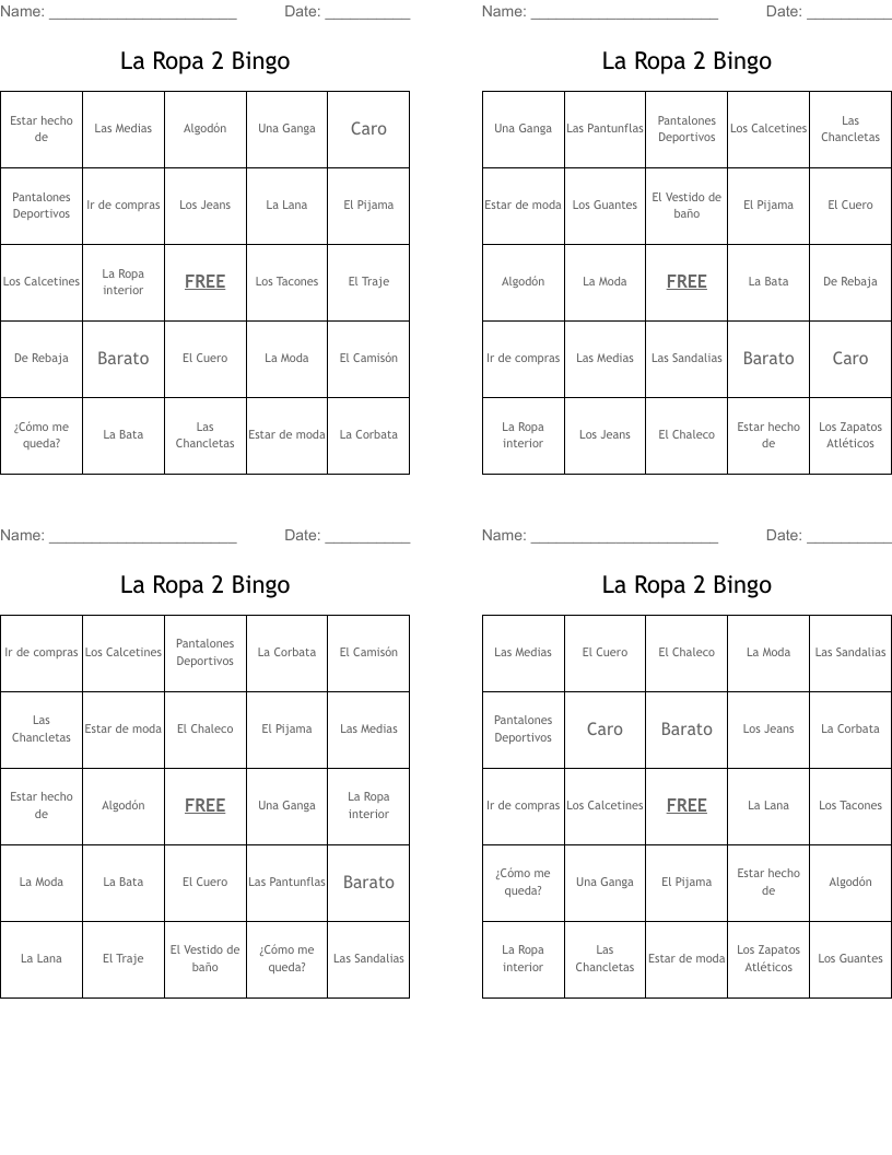 La Ropa 2 Bingo