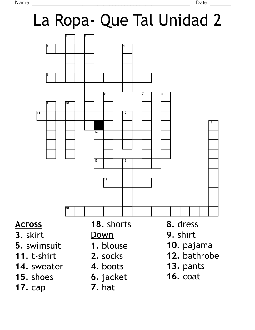 La Ropa- Que Tal Unidad 2 Crossword