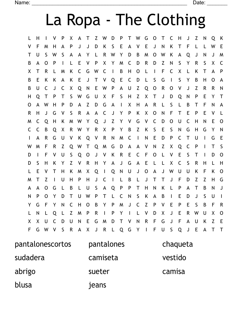 La Ropa - The Clothing Word Search