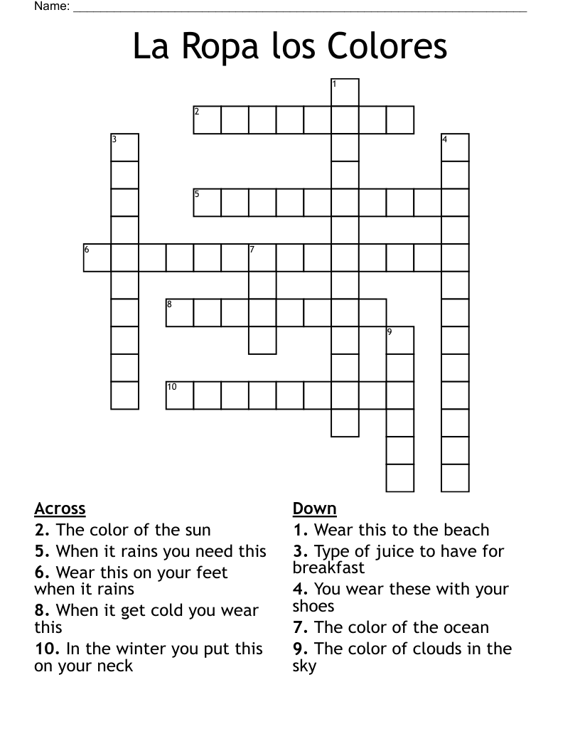 La Ropa los Colores Crossword