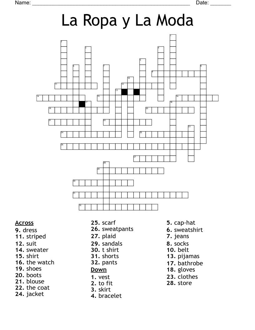 La Ropa y La Moda Crossword