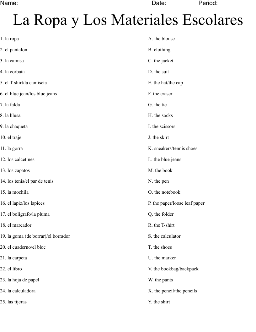 La Ropa y Los Materiales Escolares Worksheet