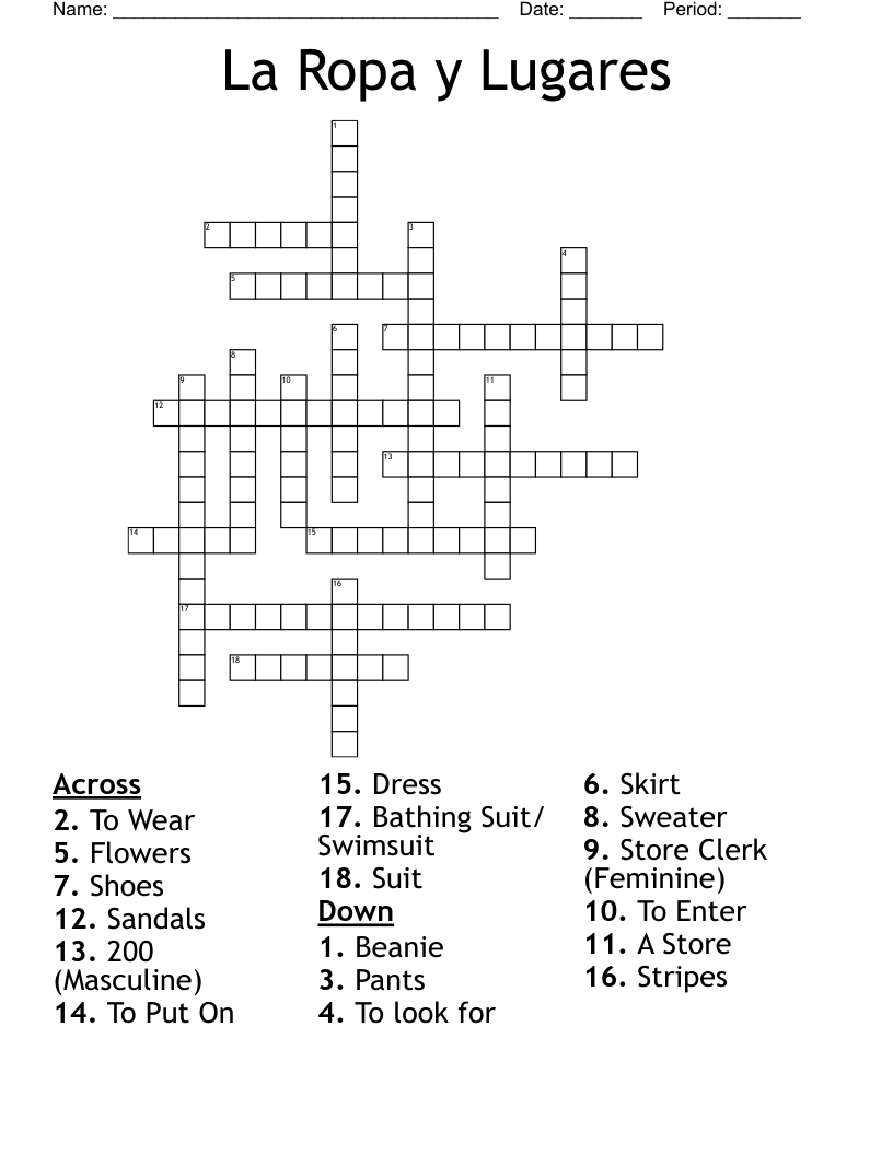 La Ropa y Lugares Crossword