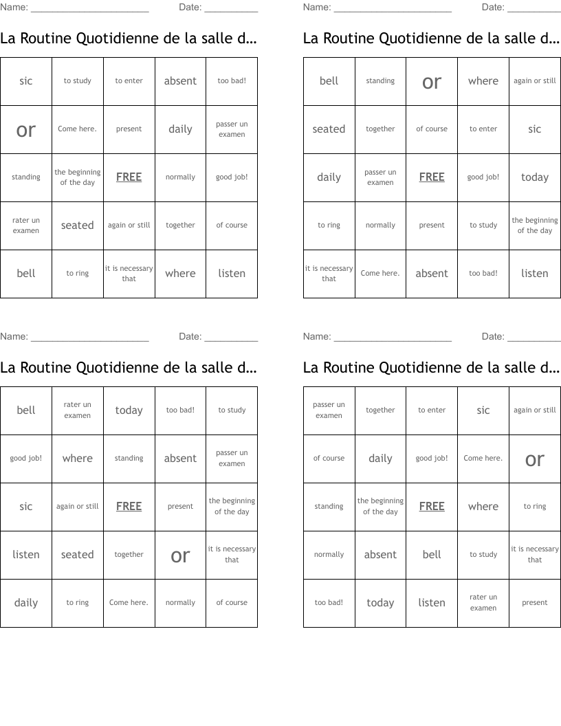La Routine Quotidienne de la salle de classe Bingo Cards