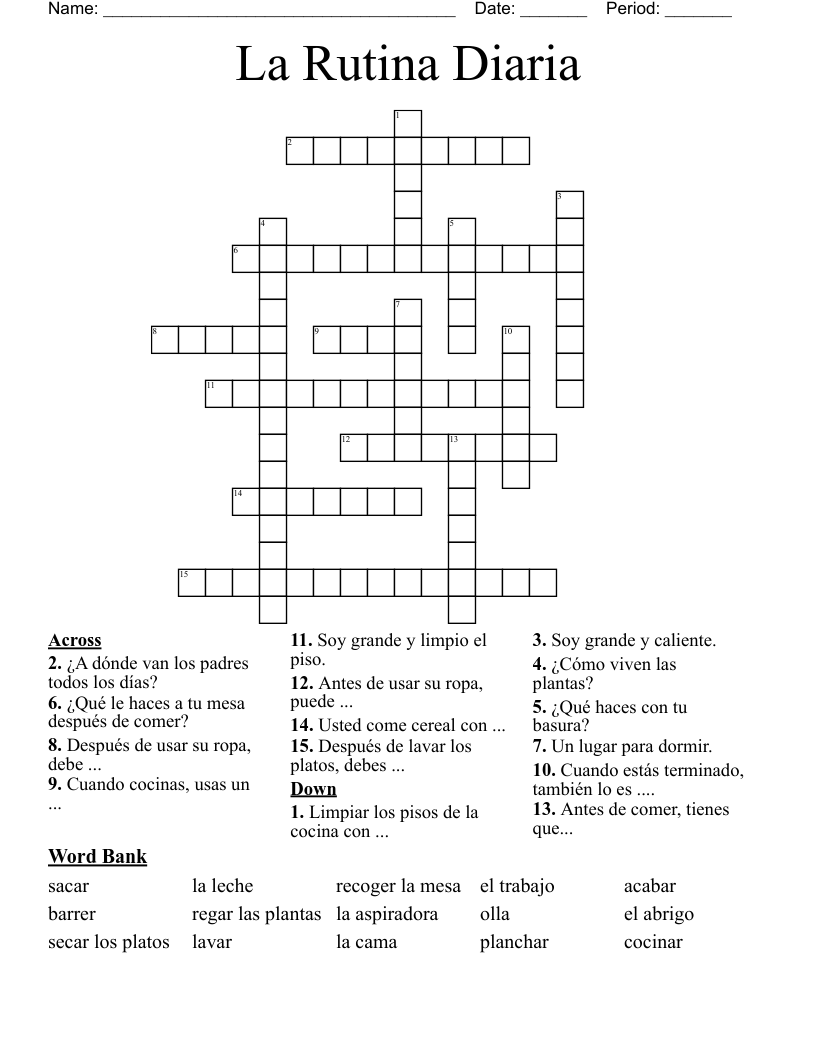 La Rutina Diaria Crossword