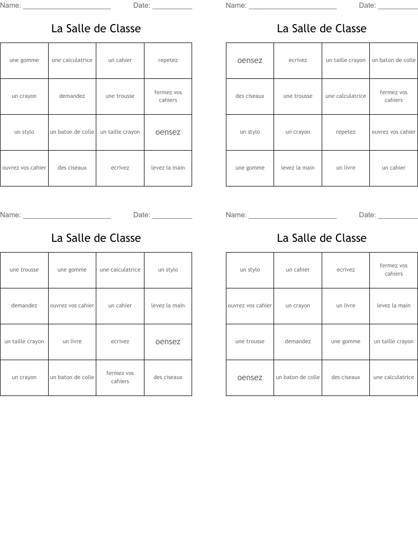La Salle de Classe Bingo Cards