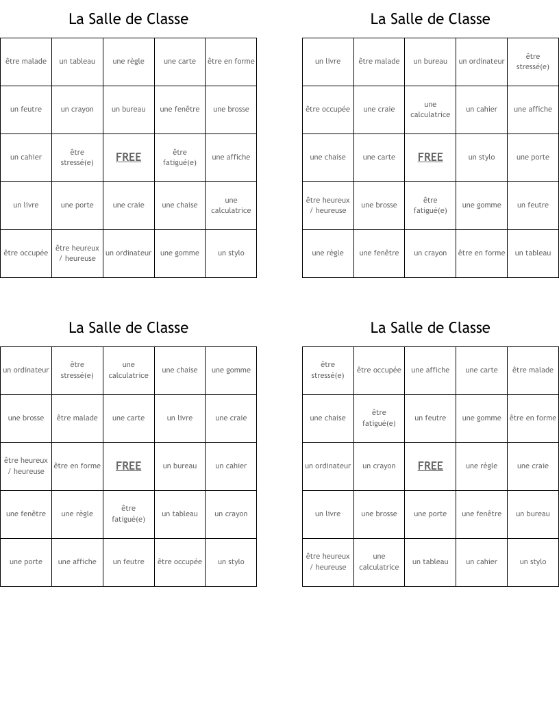 La Salle de Classe Bingo Cards
