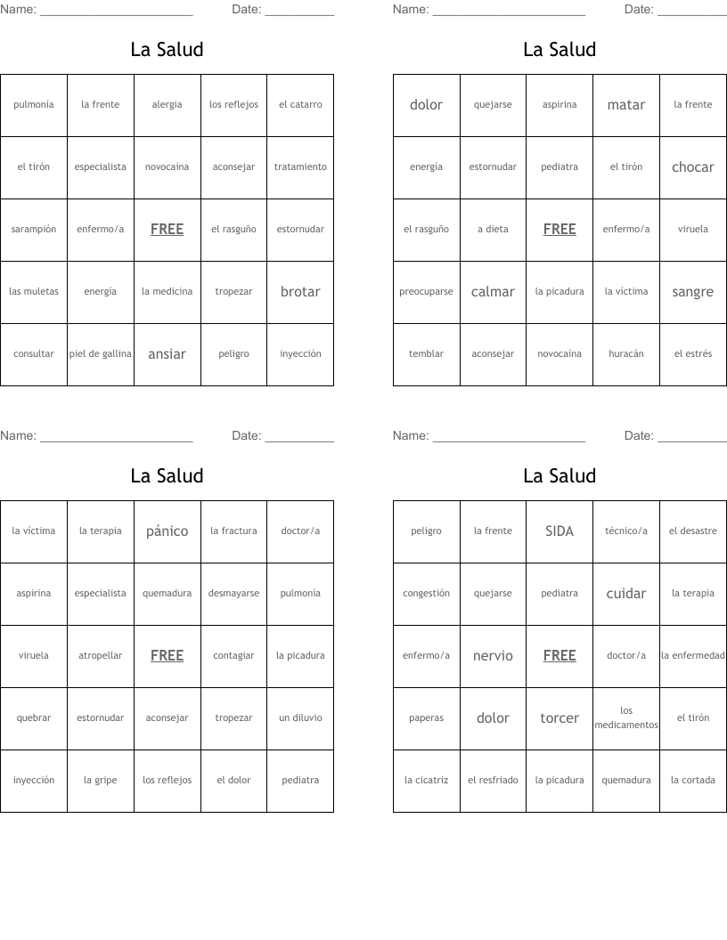La Salud Bingo Cards