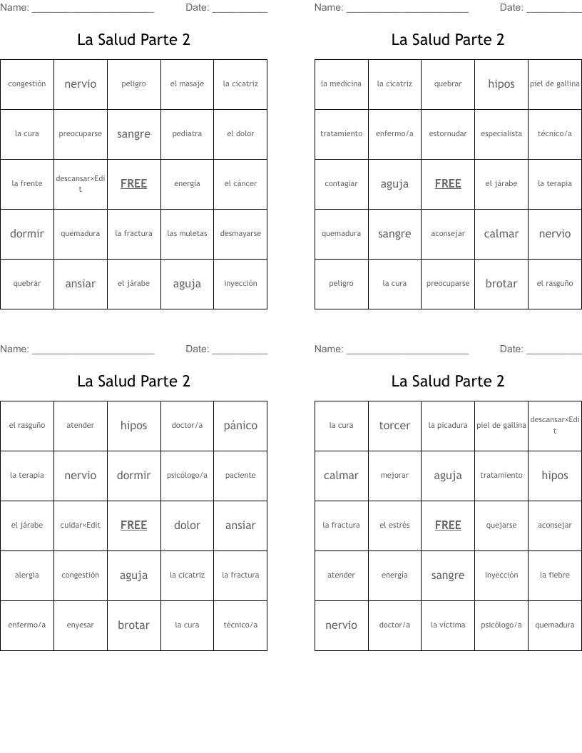 La Salud Parte 2 Bingo Cards