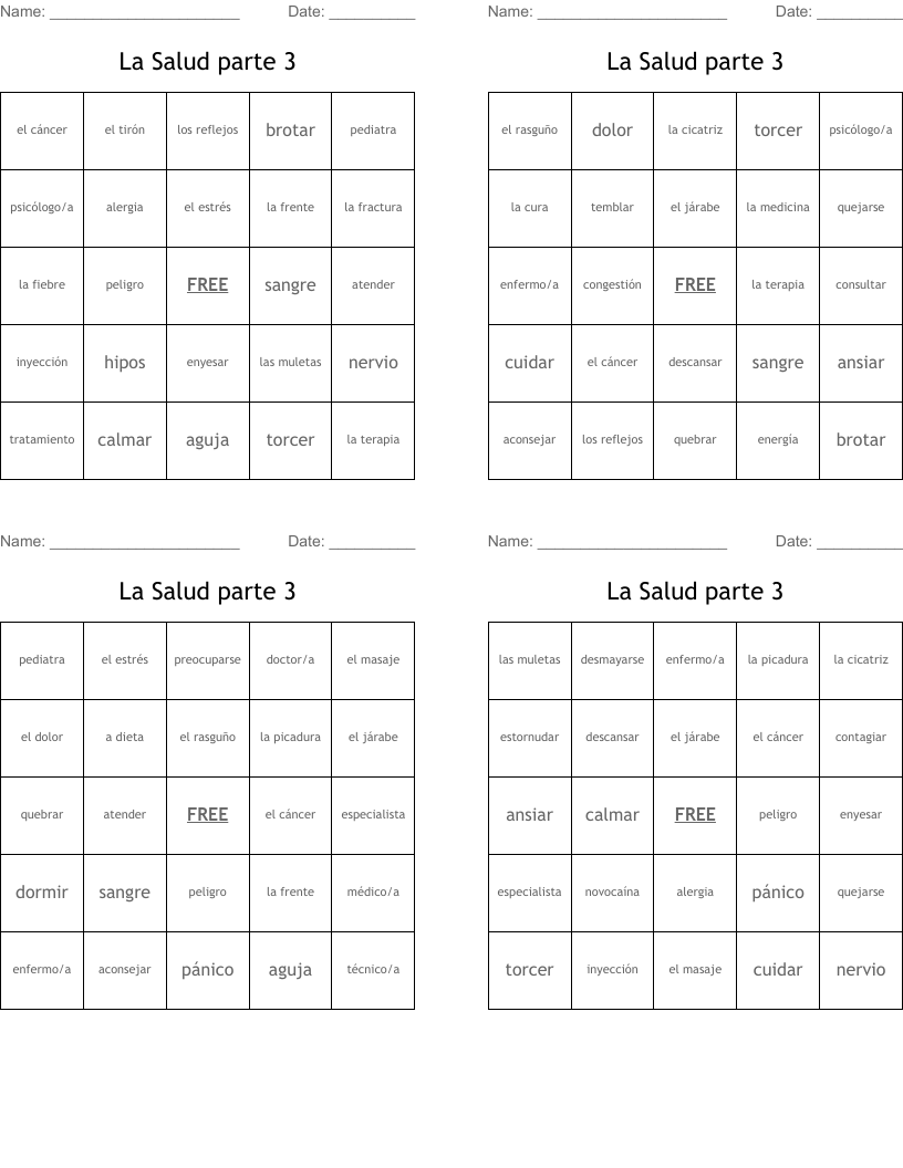 La Salud parte 3 Bingo Cards