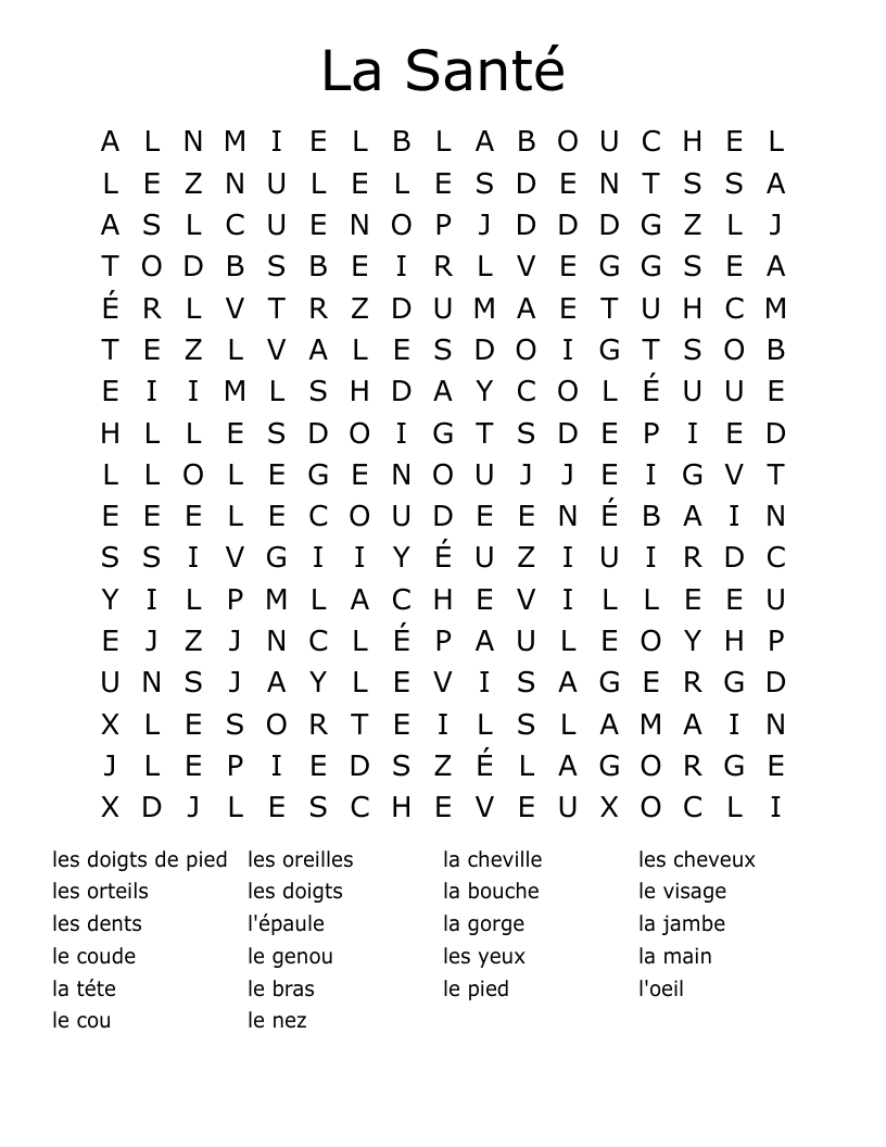 La Santé Word Search