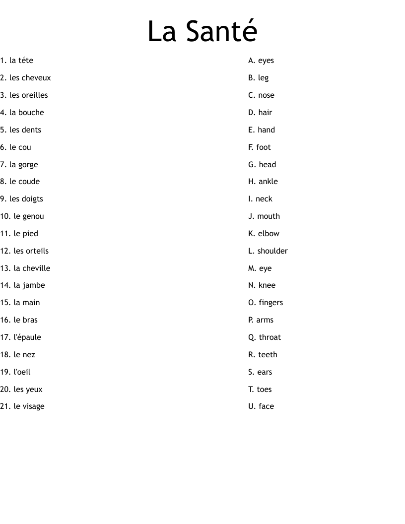 La Santé Worksheet