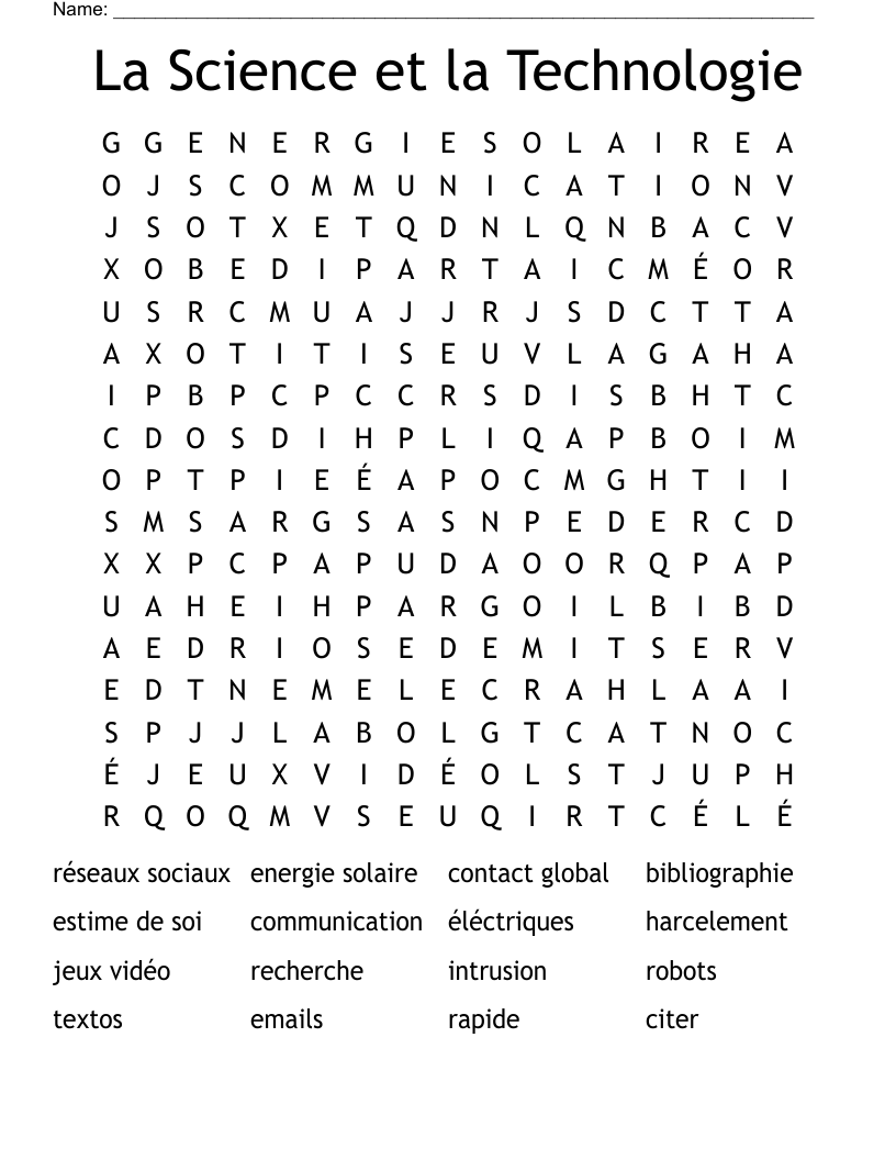 La Science et la Technologie Word Search