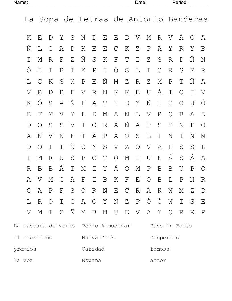 La Sopa de Letras de Antonio Banderas Word Search