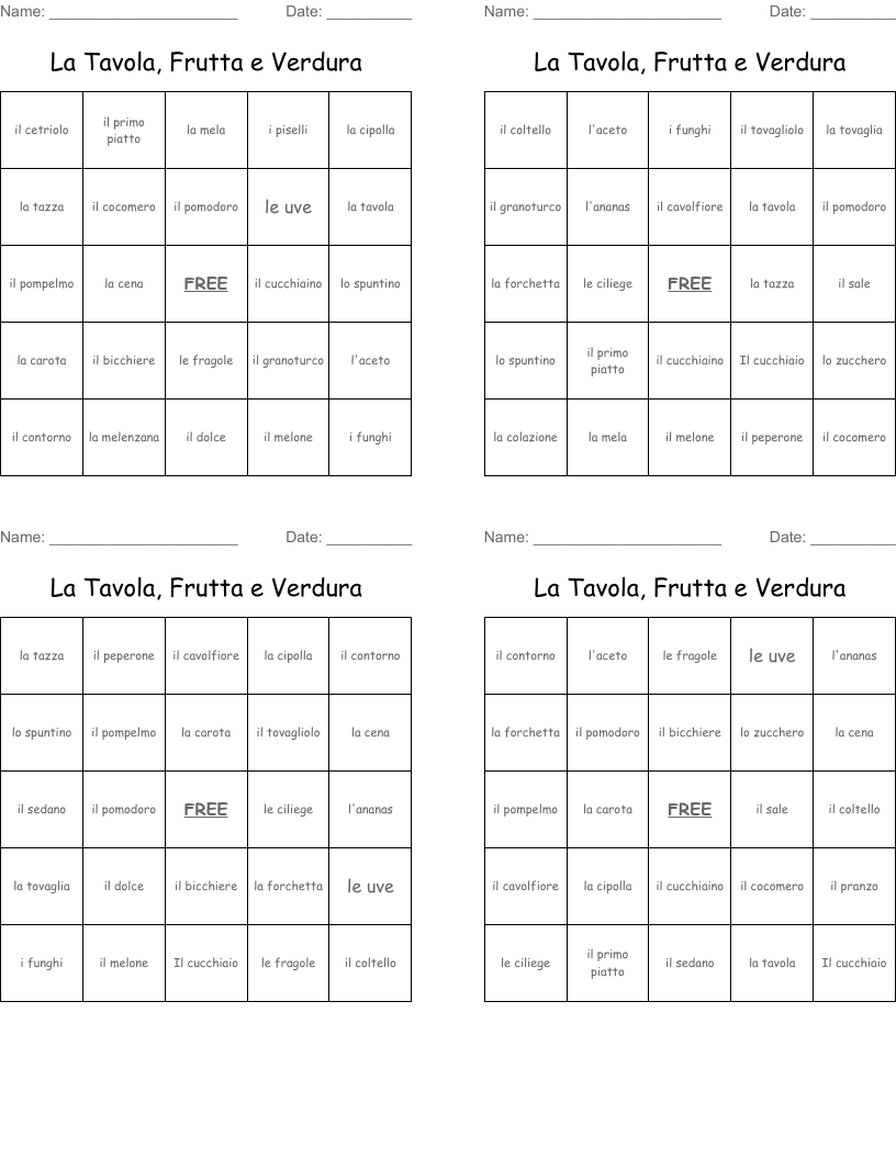 La Tavola, Frutta e Verdura Bingo Cards