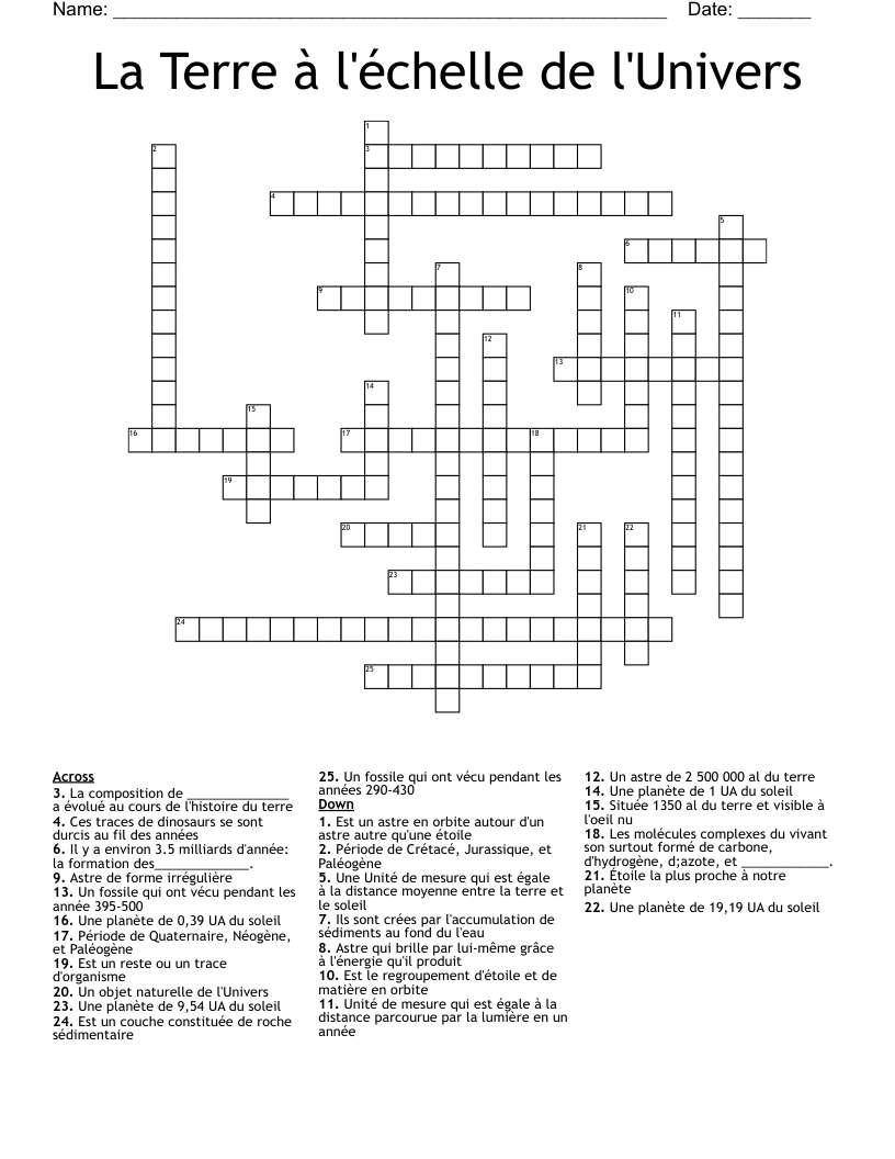 La Terre à l'échelle de l'Univers Crossword