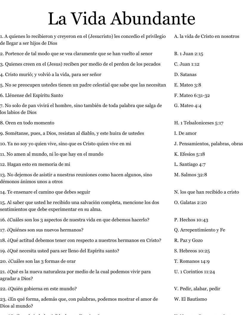 La Vida Abundante Worksheet