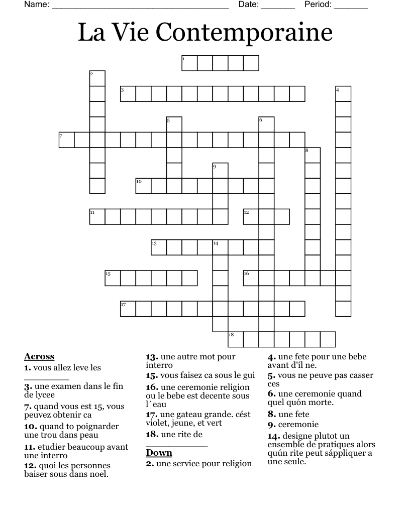 La Vie Contemporaine Crossword