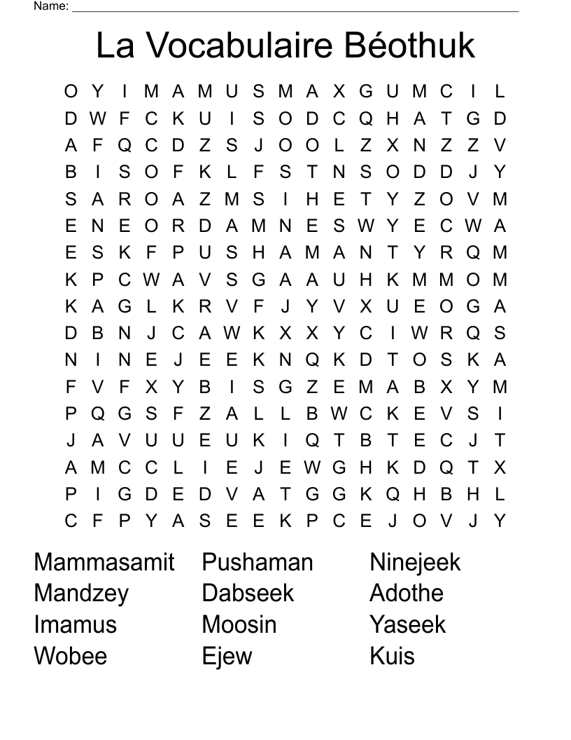 La Vocabulaire Béothuk Word Search