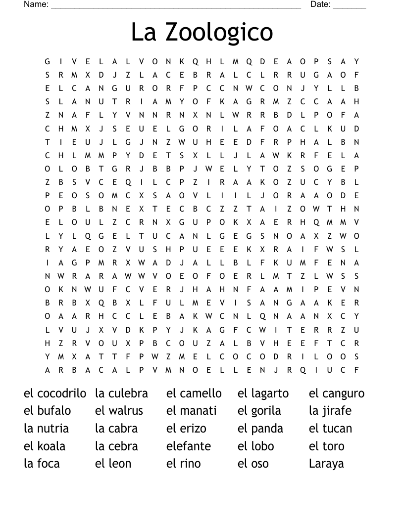 La Zoologico Word Search