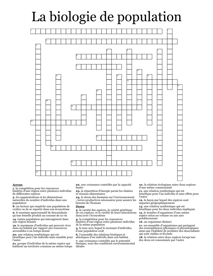 La biologie de population Crossword