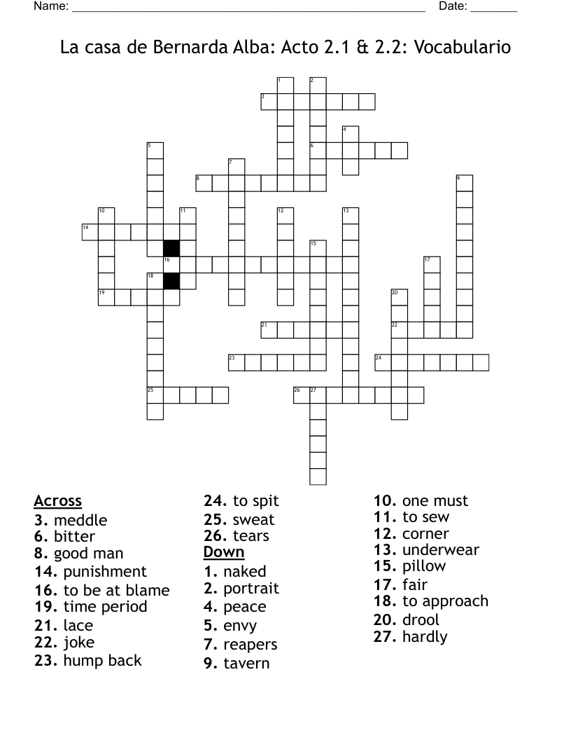 La casa de Bernarda Alba: Acto 2.1 & 2.2: Vocabulario Crossword