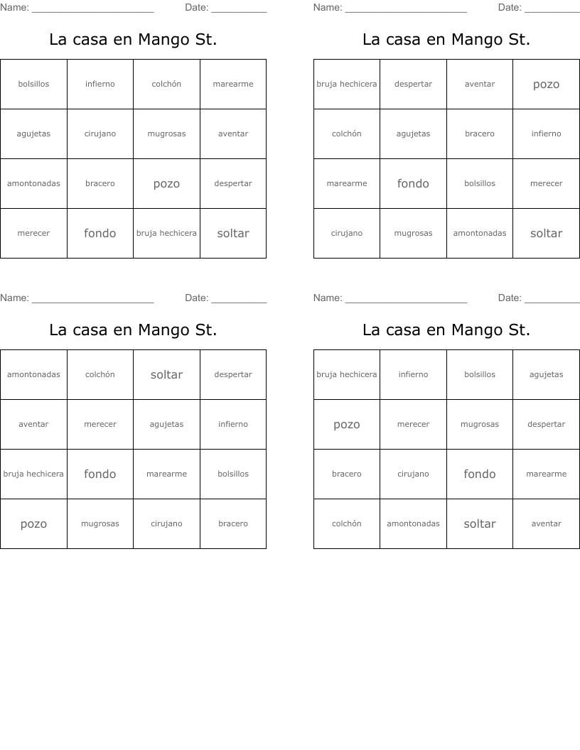 La casa en Mango St.  Bingo Cards