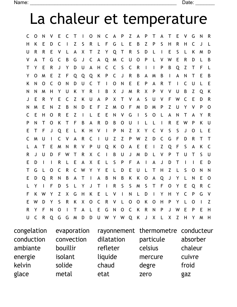 La chaleur et temperature Word Search