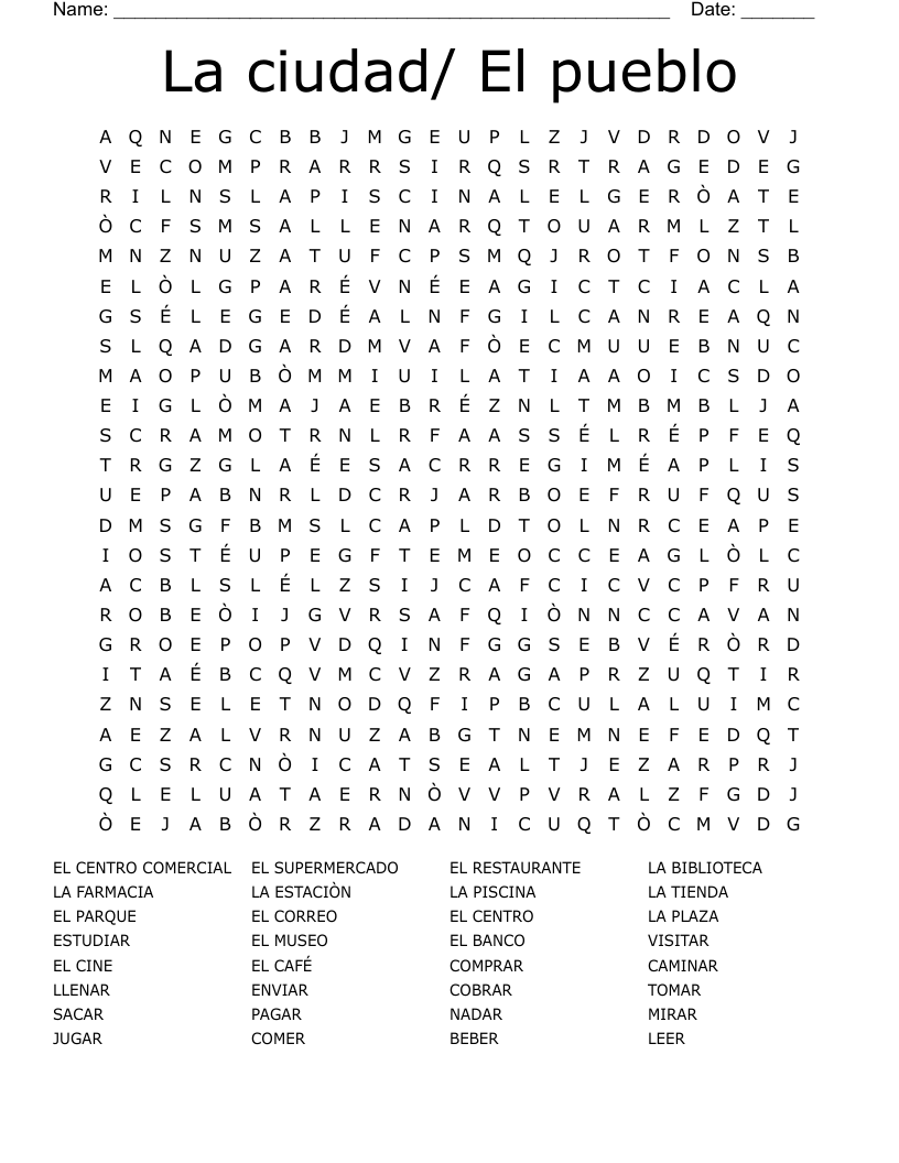 La ciudad/ El pueblo Word Search
