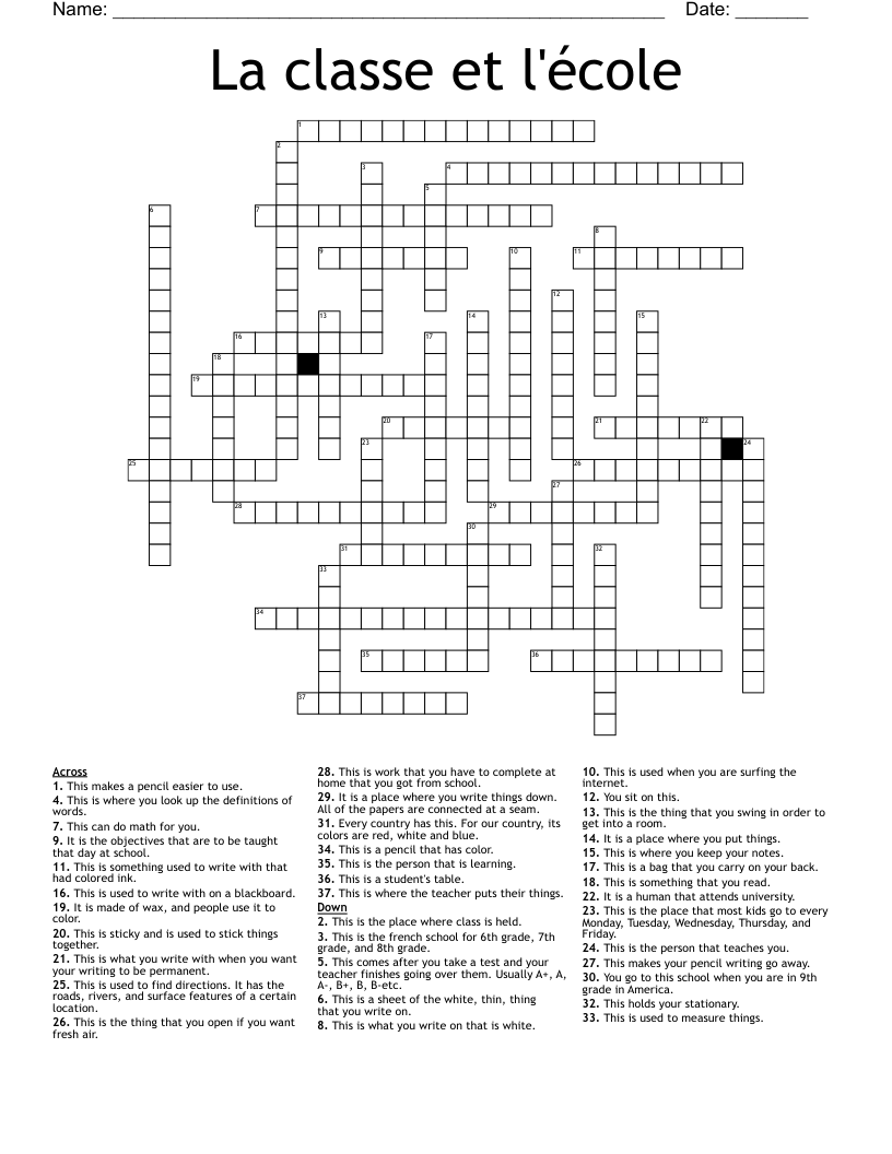 La classe et l'école Crossword