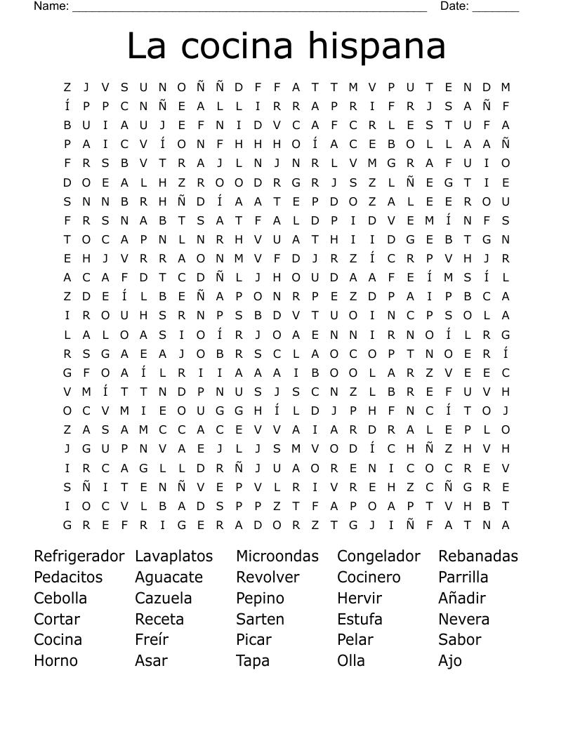 La cocina hispana Word Search