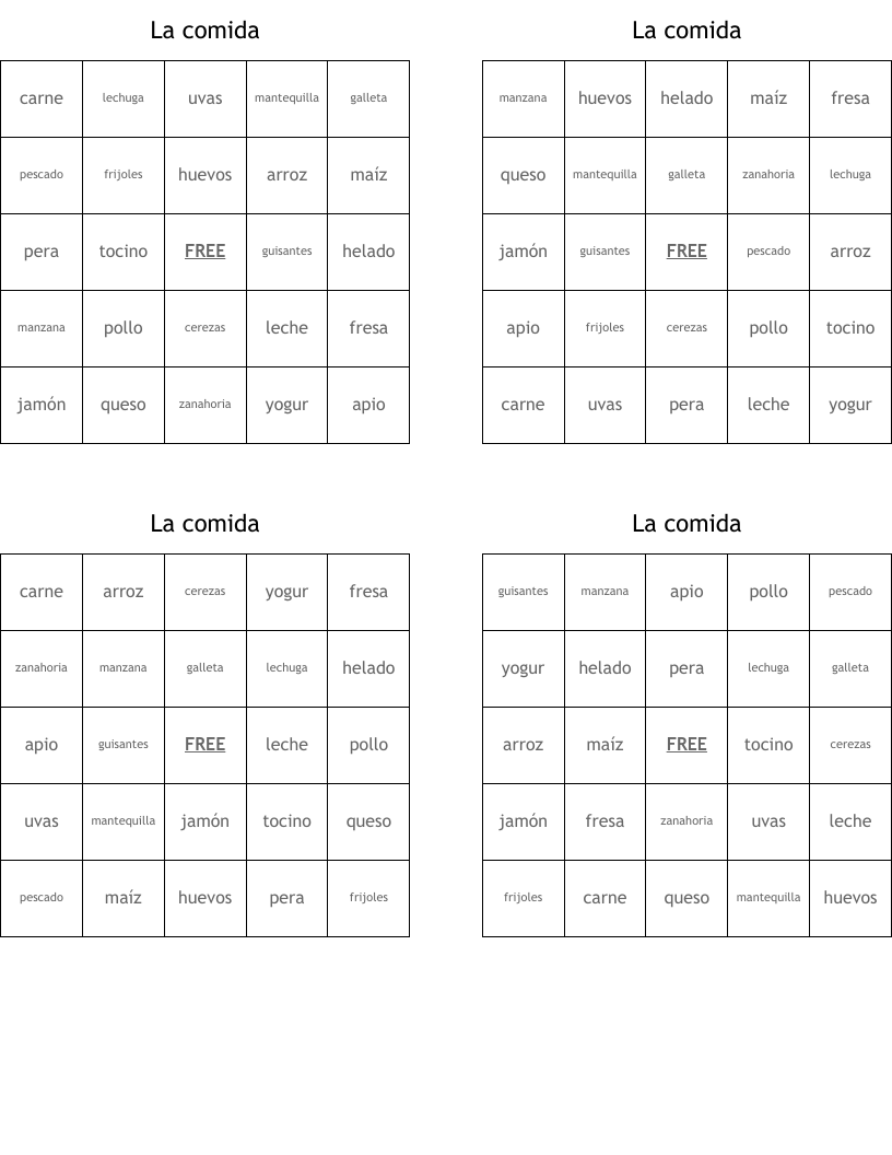 La comida Bingo Cards