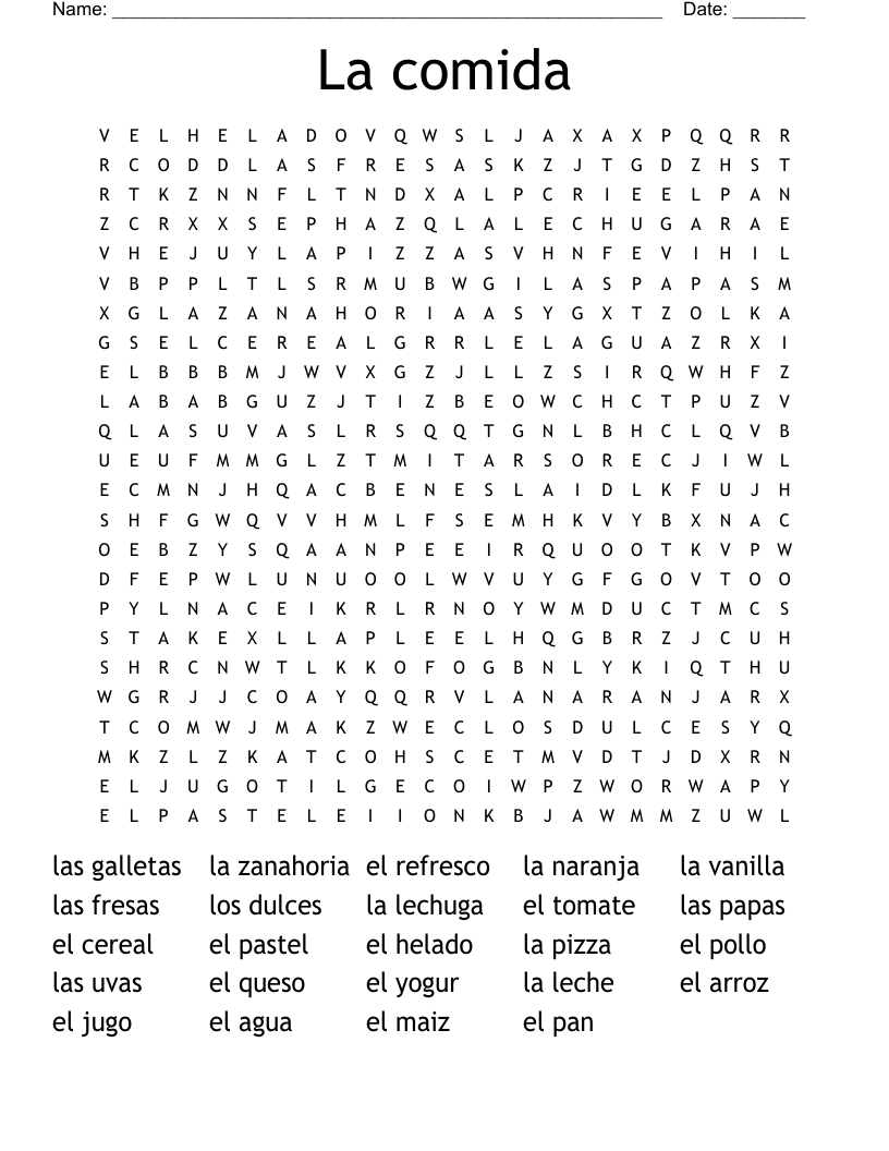 La comida Word Search