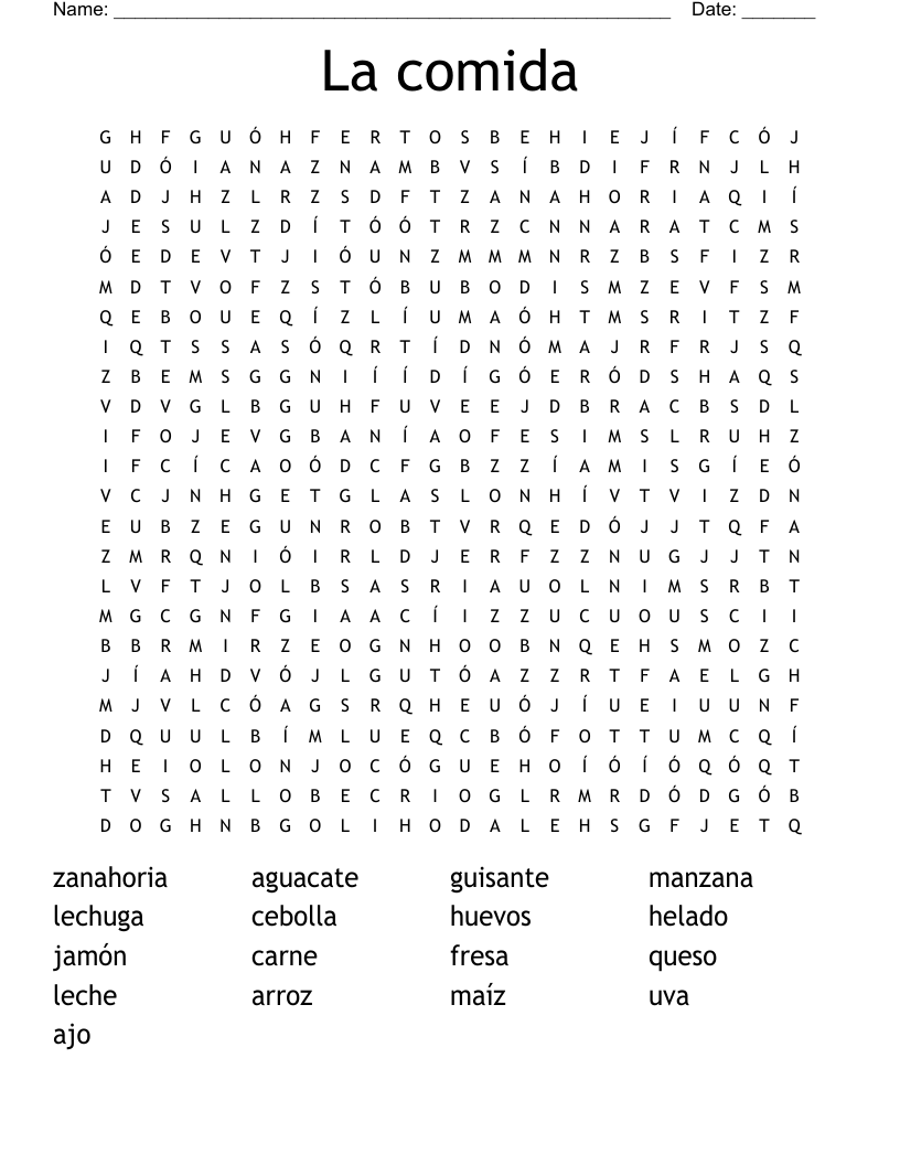 La comida Word Search