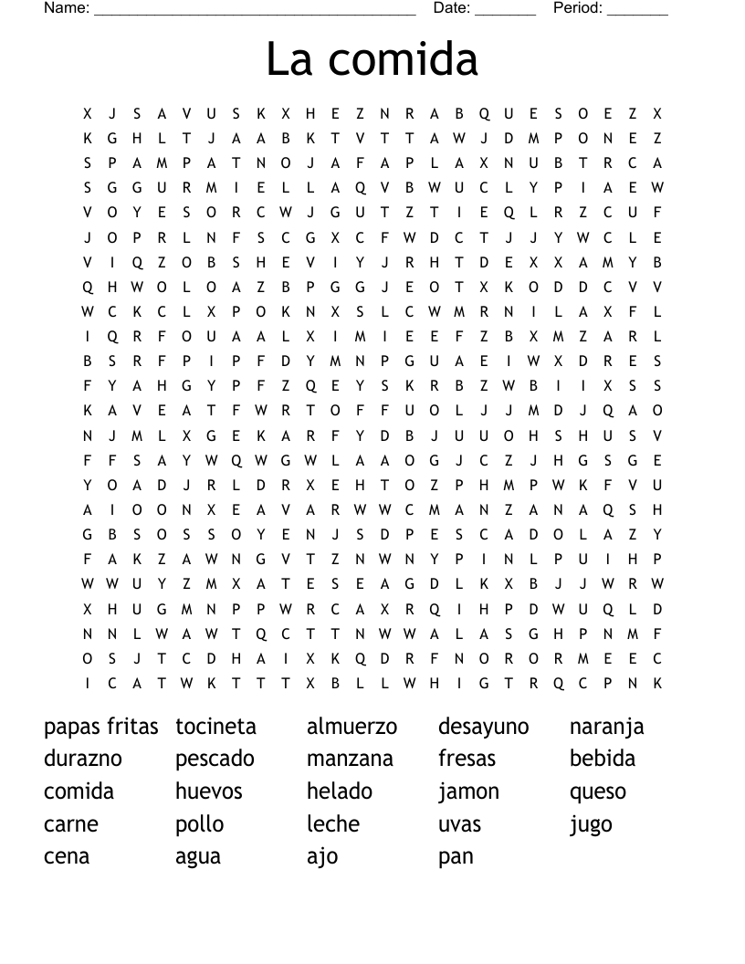 La comida Word Search