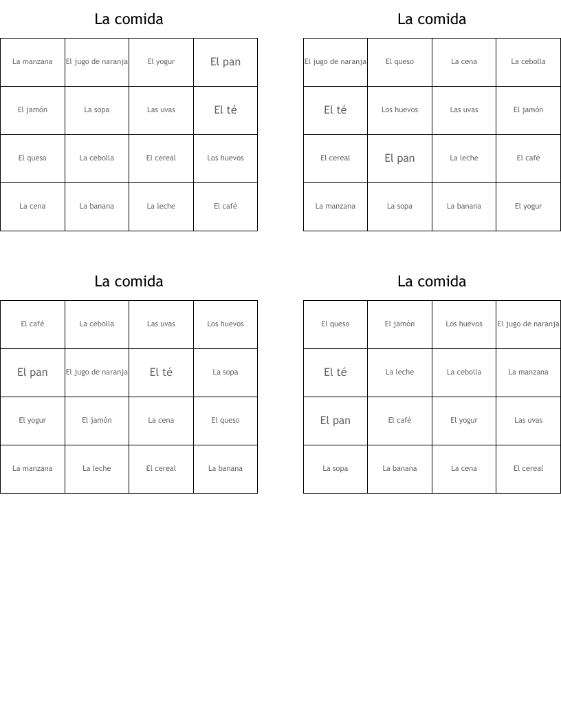 La comida Bingo Cards