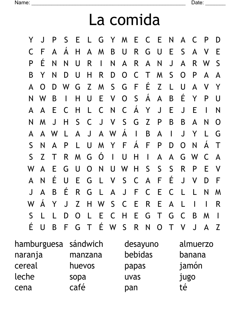 La comida Word Search