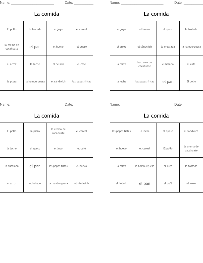 La comida Bingo Cards