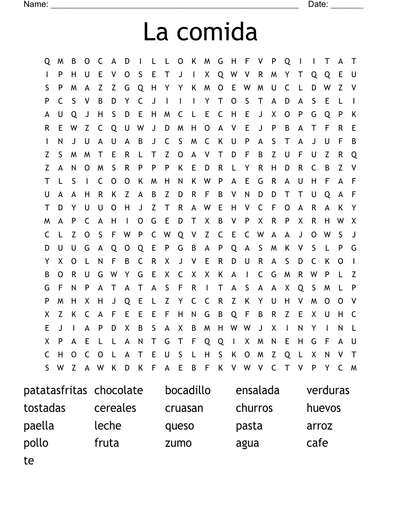 La comida Word Search
