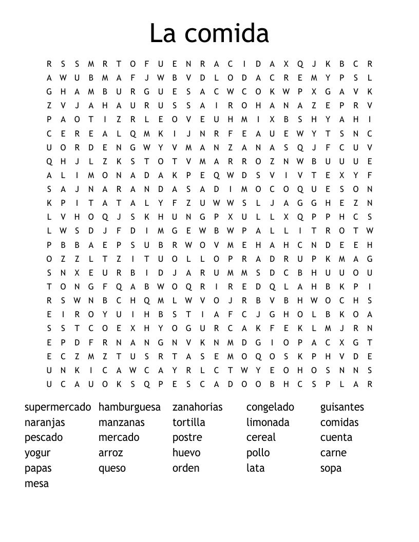 La comida Word Search