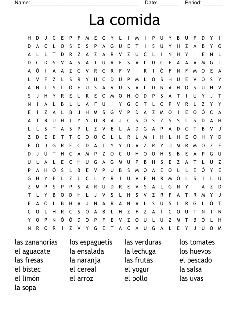 La comida Word Search