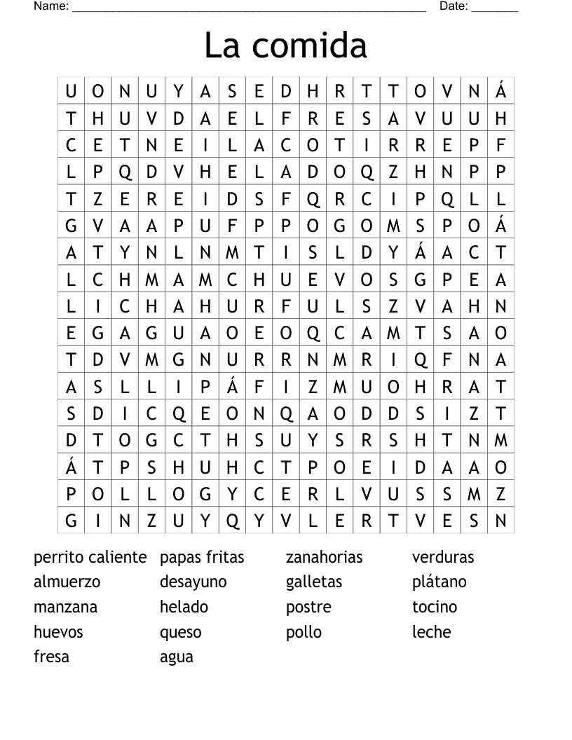 La comida  Word Search